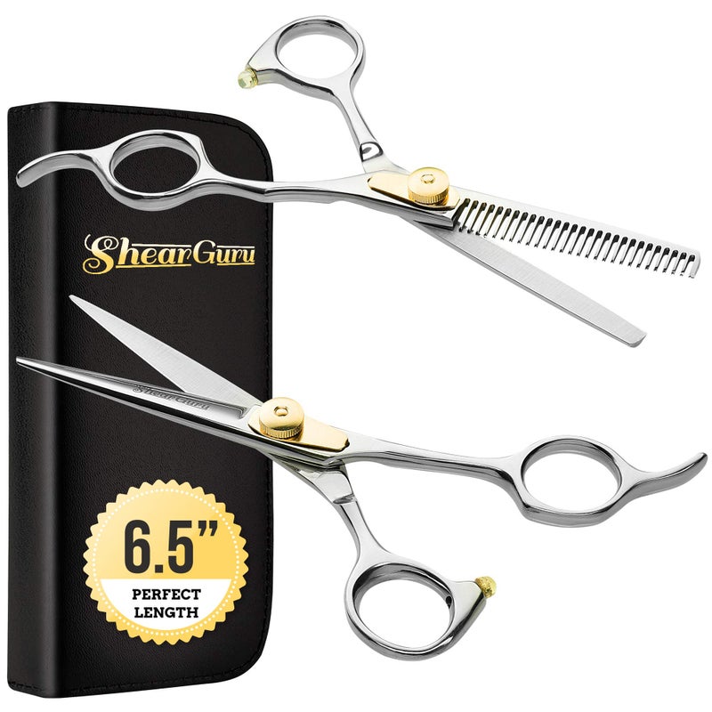 ShearGuru Professional Barber Kit/Salon Haircut Scissors Cutting Set - 6.5"-Straight Edge Razor Sharp Barber Scissors + Texturizing Thinning Shears Styling Hair for Women Men - Image 1